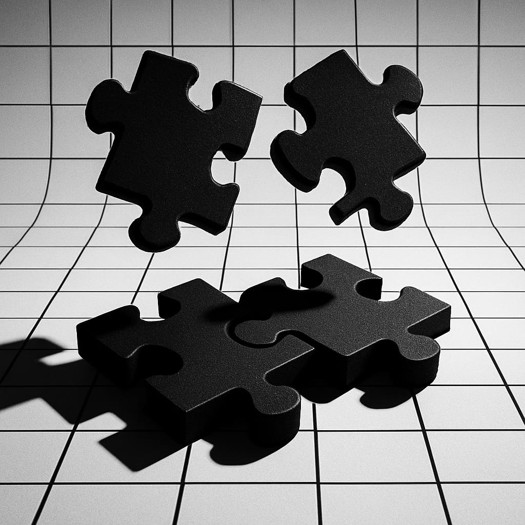 Black floating plastic Jigsaw puzzle pieces on a background of curved white tiles with dark grey lines.